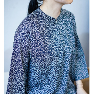 有叙新中式蓝底碎花纯棉印花斜襟右衽文艺复古宽松九分袖上衣茶服