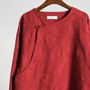 有叙新中式亚麻棉提花斜襟右衽改良中国风九分袖中长款宽松厚上衣