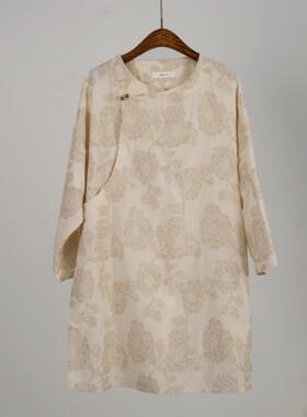 有叙新中式亚麻棉剪花工艺斜襟右衽改良中国风九分袖中长款上衣