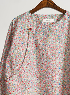 有叙新中式国风斜襟右衽碎花100%棉复古书卷气宽松中长款上衣