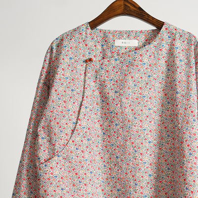 有叙80支纯棉碎花文艺中长款上衣