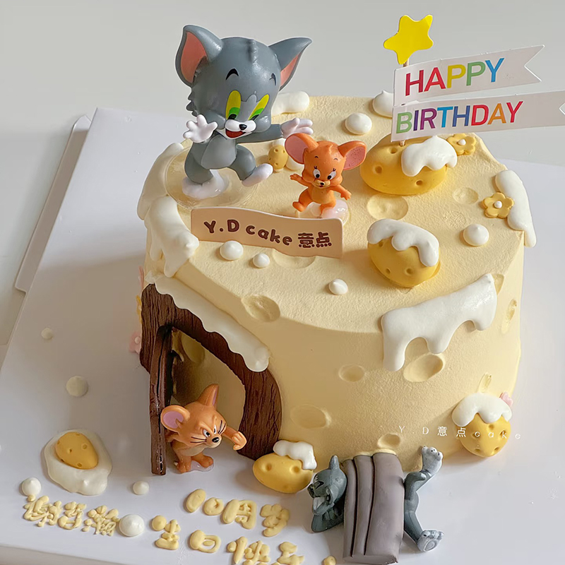 网红同款卡通公仔蛋糕装饰奶酪猫和老鼠摆件生日快乐插牌蜡烛插件