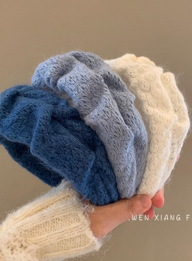 奶蓝色系~软糯褶皱白色毛线发箍女宽边高颅顶高级感温柔发卡头箍