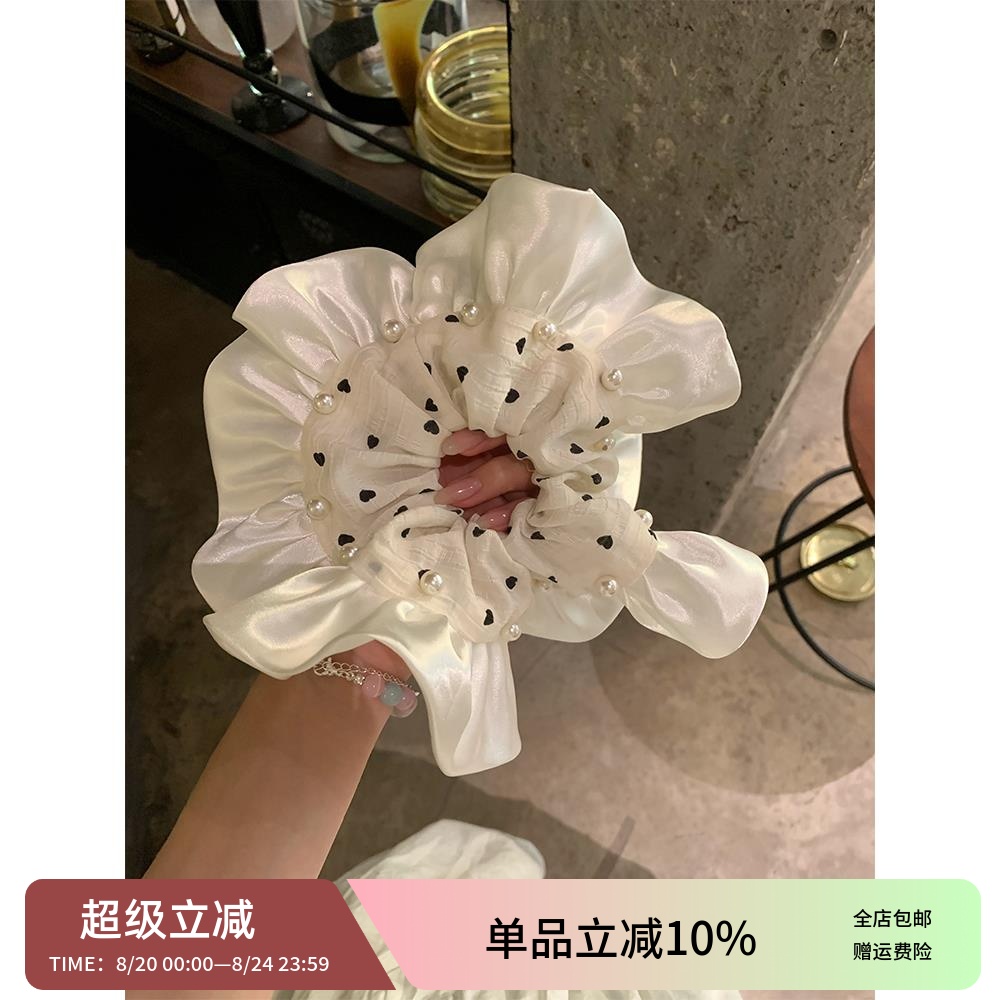法式缎面波点珍珠裙摆大肠发圈女高级感扎头发绳高弹力丸子头发饰