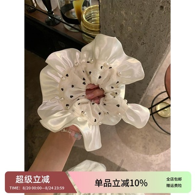 法式缎面波点珍珠裙摆大肠发圈女高级感扎头发绳高弹力丸子头发饰