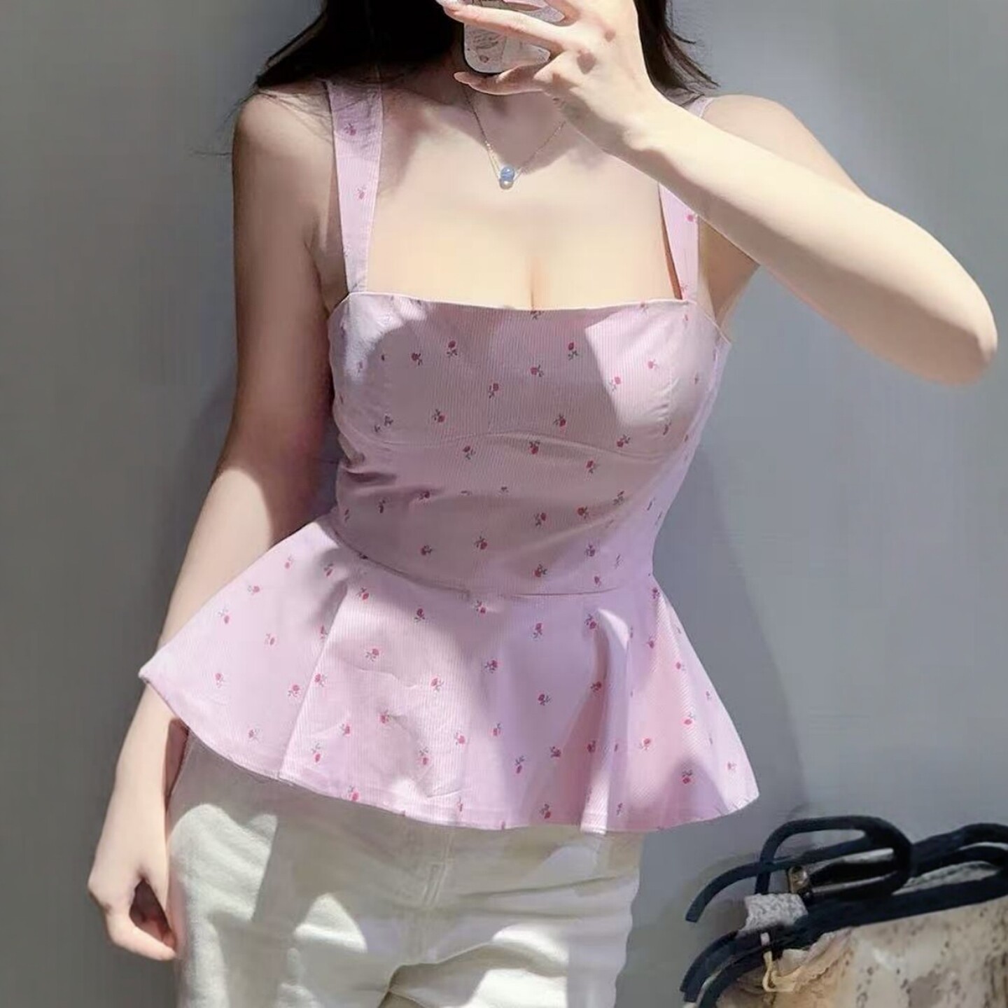 ZA外贸出口女装新款粉红小碎花蓬松下摆微收腰宽吊带上衣 3231544
