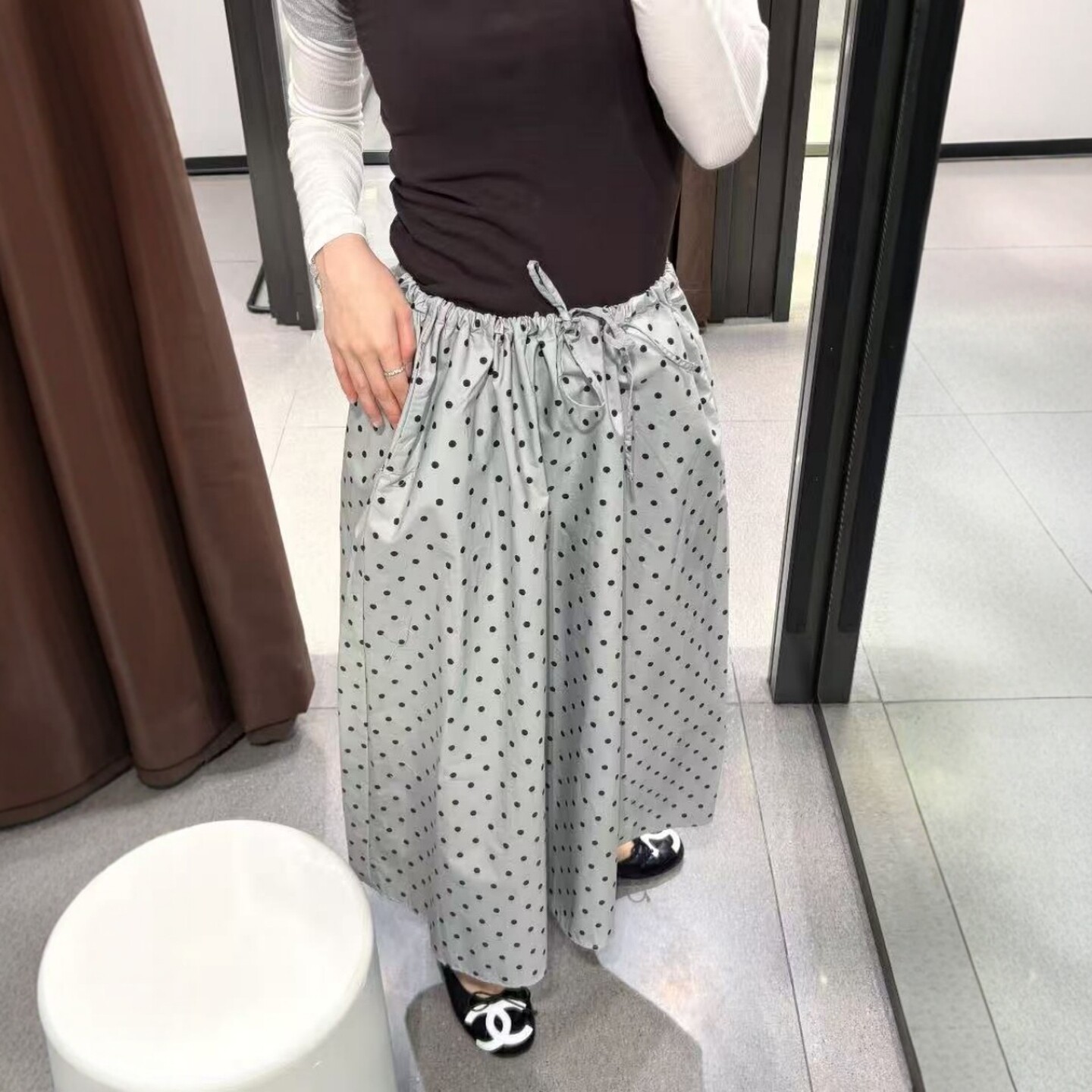 ZA外贸出口女装系带经典款减龄灰色小波点迷笛半身裙 1255428