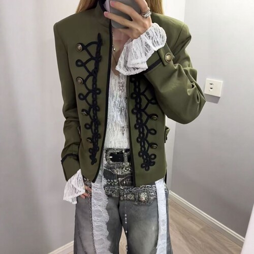 打结饰国风带垫肩绳结扣西装外套