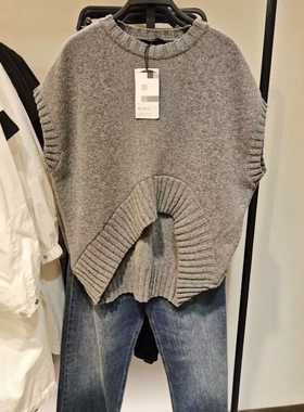 ZA外贸出口不对称小众设计灰色羊毛混纺针织超大款背心女6771112