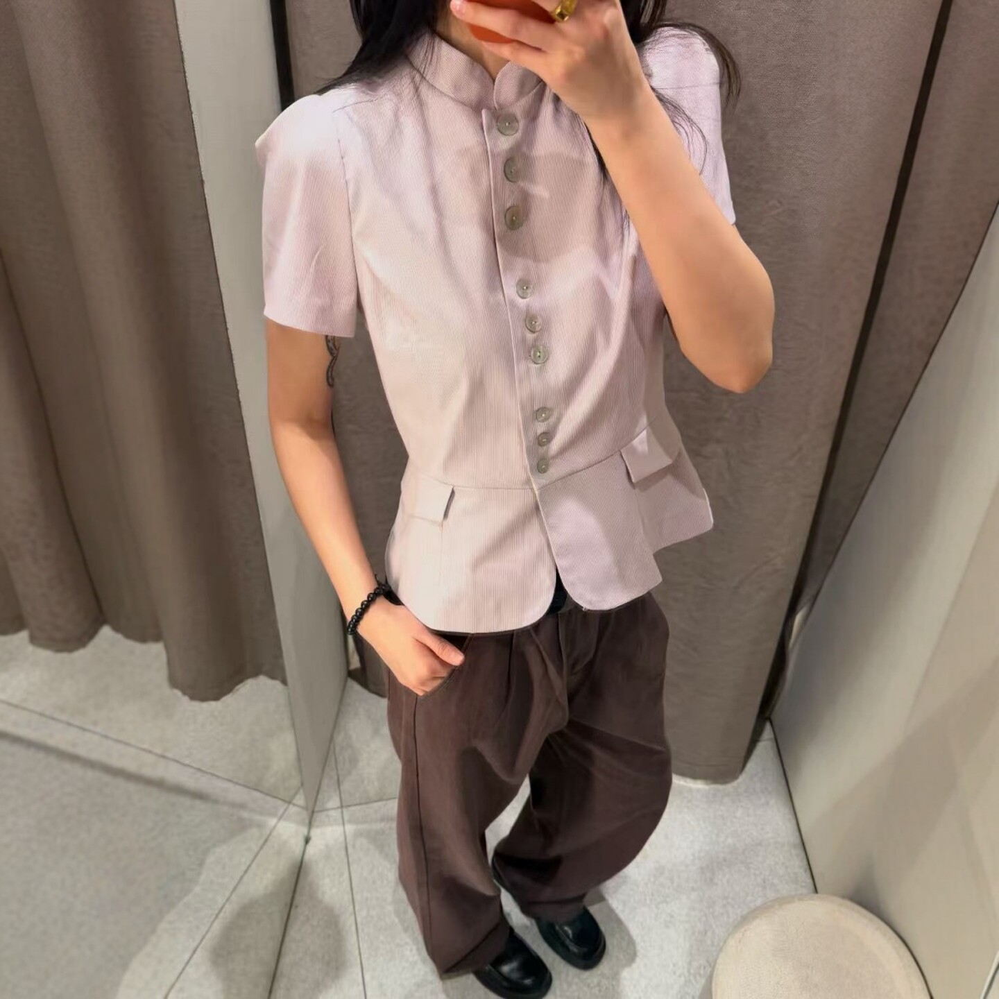 ZA外贸出口女国风中式小立领假口袋装饰排扣短袖上衣 1210058 250