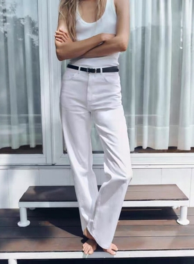 ZA外贸出口女装通勤风配腰带白色棉质效果高腰直筒牛仔裤 1889151