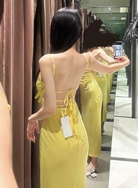 ZA外贸出口秋季新款甜橙色美背绑带装饰修身性感连衣裙女3152334