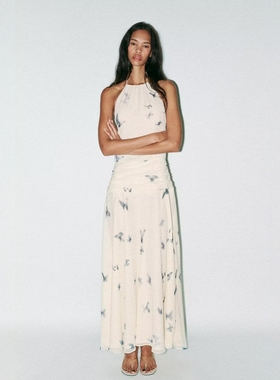 ZA外贸出口新品紫色小蝴蝶印花露背挂脖领长连衣裙女3676339 050