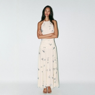 ZA外贸出口新品 050 紫色小蝴蝶印花露背挂脖领长连衣裙女3676339