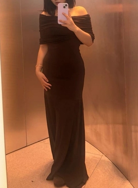 ZA外贸出口女装法式温柔风一字领露肩咖色针织连衣裙2893103