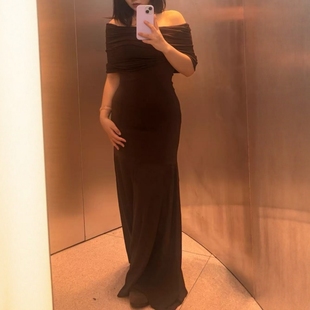 ZA外贸出口女装 温柔风一字领露肩咖色针织连衣裙2893103 法式