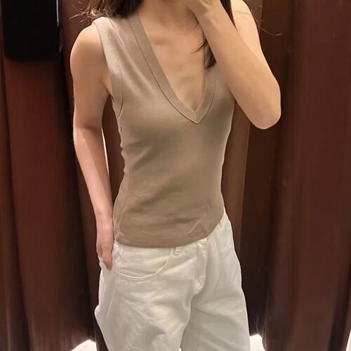 棉质舒适修身基础款V领无袖T恤