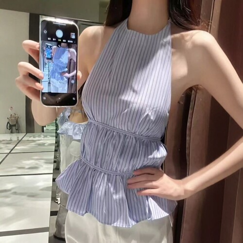 浅蓝条纹府绸挂脖领性感露背上衣