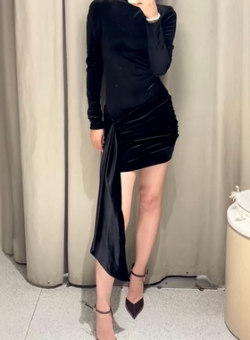 ZA外贸出口女装新款天鹅绒短款时装腰带不对称下摆连衣裙9543242