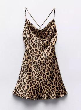 ZA外贸出口豹纹印花丝缎质感荡领露背短款吊带连衣裙女3550026