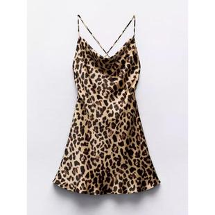 ZA外贸出口豹纹印花丝缎质感荡领露背短款 吊带连衣裙女3550026