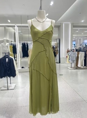 ZA外贸出口女装可调节肩带绿色垂坠感拼接吊带连衣裙1223453