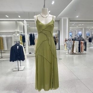 ZA外贸出口女装 可调节肩带绿色垂坠感拼接吊带连衣裙1223453