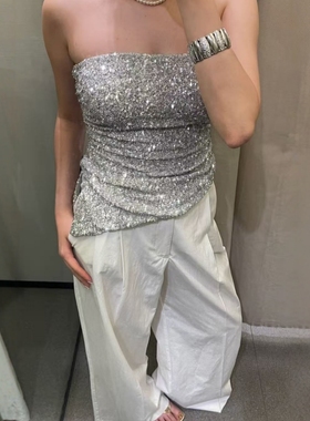 ZA外贸出口女装新款美式辣妹风金属朋克亮光珠片抹胸上衣1014802