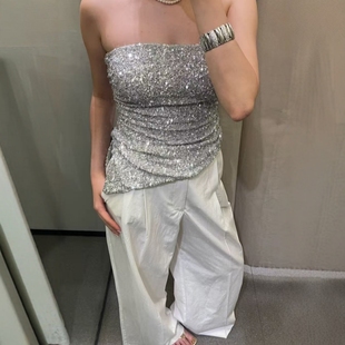 辣妹风金属朋克亮光珠片抹胸上衣1014802 美式 ZA外贸出口女装 新款