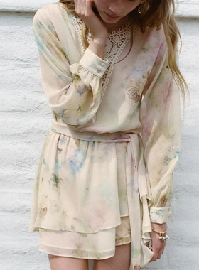 ZA外贸出口新品蝴蝶结腰带装饰钩针晕染印花连衣裙女3061250 330