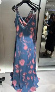 ZA外贸出口新女蓝底红玫瑰油画风垂褶领印花迷笛连衣裙3141008