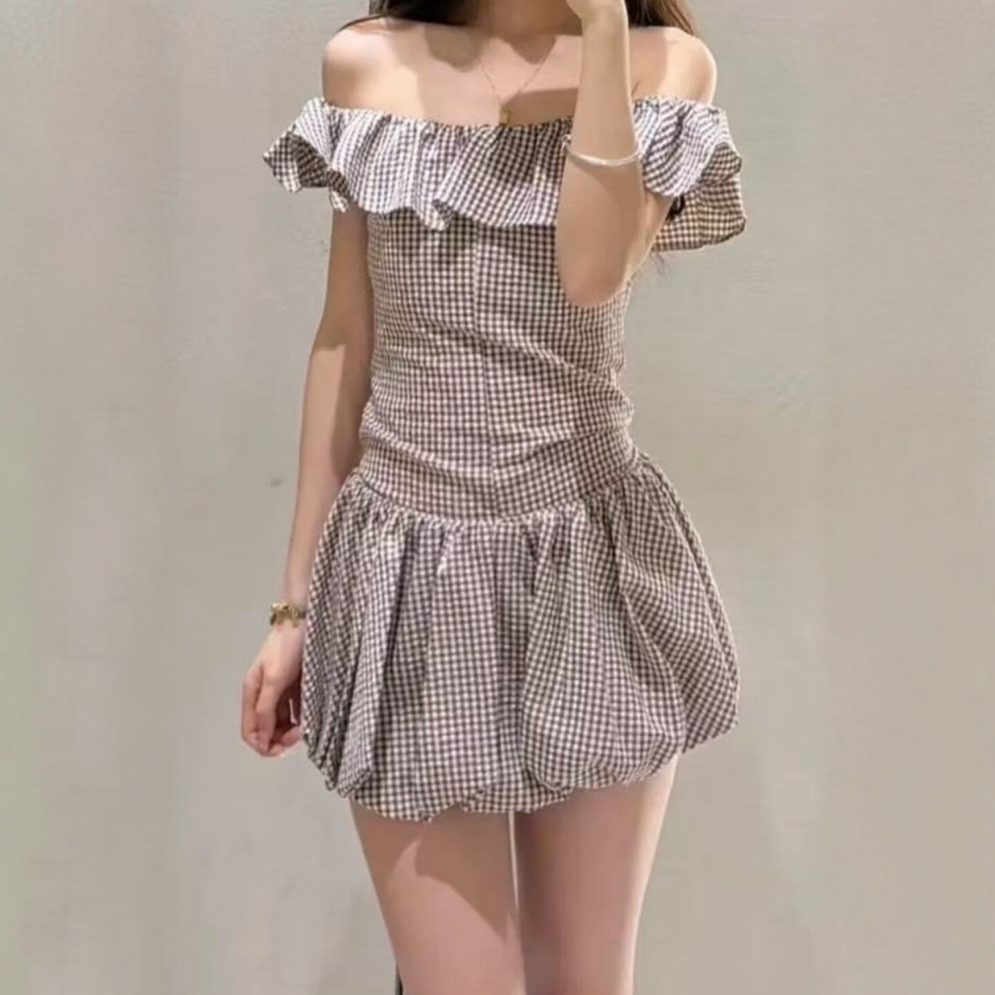 ZA外贸出口女一字肩复古格纹连体裤式花苞裙摆连衣裙 2180324 086