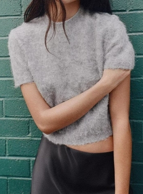 ZA外贸出口女装秋冬新款温柔慵懒风休闲浅灰色短袖针织衫9598177