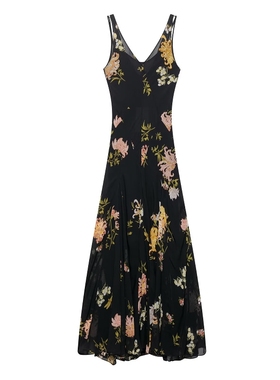 ZA外贸出口新品气质感复古印花网纱双层背心连衣裙女2718100 056