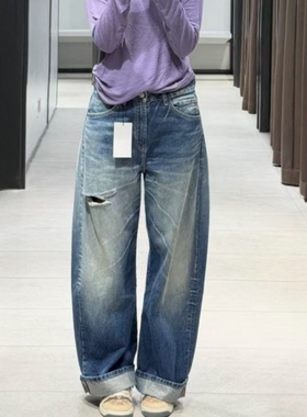 ZA外贸出口女装新款固色工艺休闲中腰宽松卷边破洞牛仔裤4365236