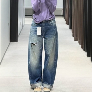 4365236 固色工艺休闲中腰宽松卷边破洞牛仔裤 ZA外贸出口女装 新款