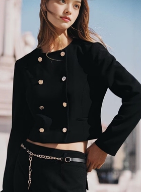 ZA外贸出口8372249小香风圆领双排扣口袋短款双襟西装外套8372449