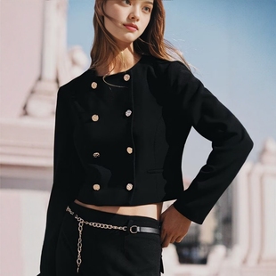 ZA外贸出口8372249小香风圆领双排扣口袋短款 外套8372449 双襟西装