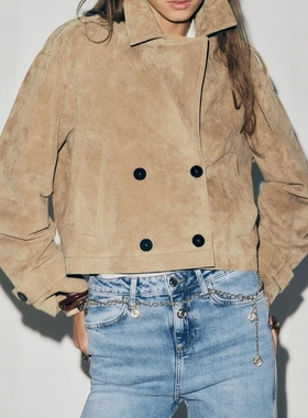 ZA外贸出口女装手工烘焙棕色美式短款风衣式夹克外套3046257 704