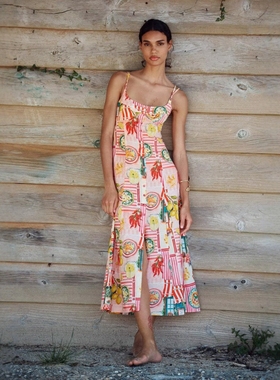 ZA外贸出口度假风露背水果印花亚麻混纺拼布迷笛连衣裙女3771107