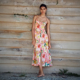 ZA外贸出口度假风露背水果印花亚麻混纺拼布迷笛连衣裙女3771107