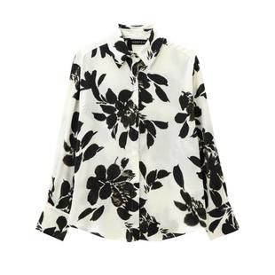 女9217239 黑白撞色落叶印花休闲丝缎质感衬衫 ZA外贸出口秋季 新品