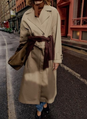 ZA外贸出口女装新款全新抗皱垂顺面料配腰带经典长款风衣8372277