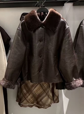 ZA外贸出口女装美式老爹风大翻领双面仿皮可翻转夹克外套8073327