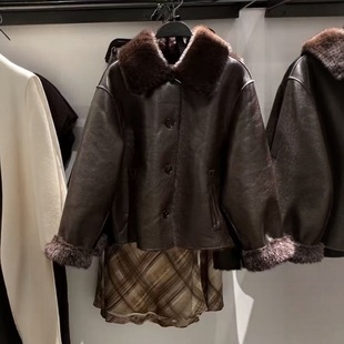 ZA外贸出口女装 老爹风大翻领双面仿皮可翻转夹克外套8073327 美式