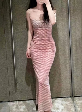 ZA外贸出口新品女装格子印花绢网垂褶领吊带长连衣裙 5039355 116