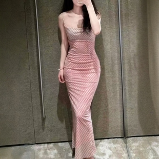 5039355 格子印花绢网垂褶领吊带长连衣裙 116 女装 ZA外贸出口新品