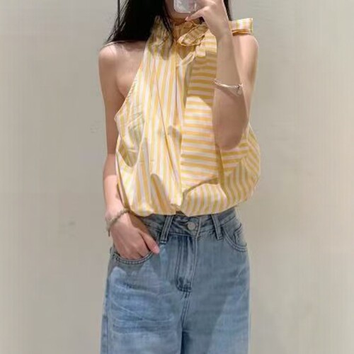 围脖飘带装饰条纹蝴蝶结上衣