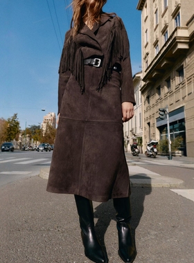 ZA外贸出口4344630朋克摇滚反绒皮效果流苏装饰短款夹克4344632