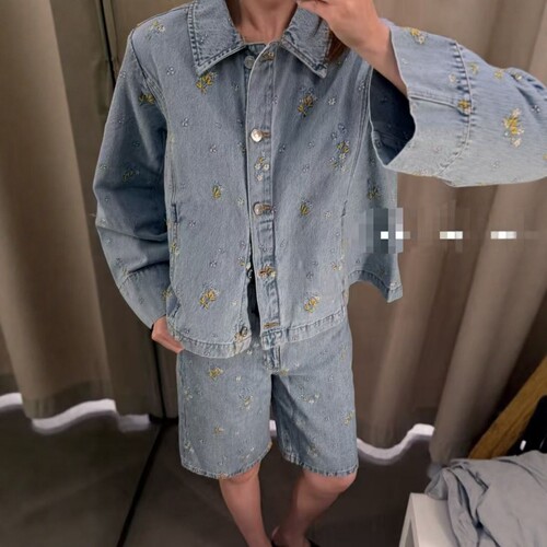 碎花刺绣柔软牛仔夹克外套